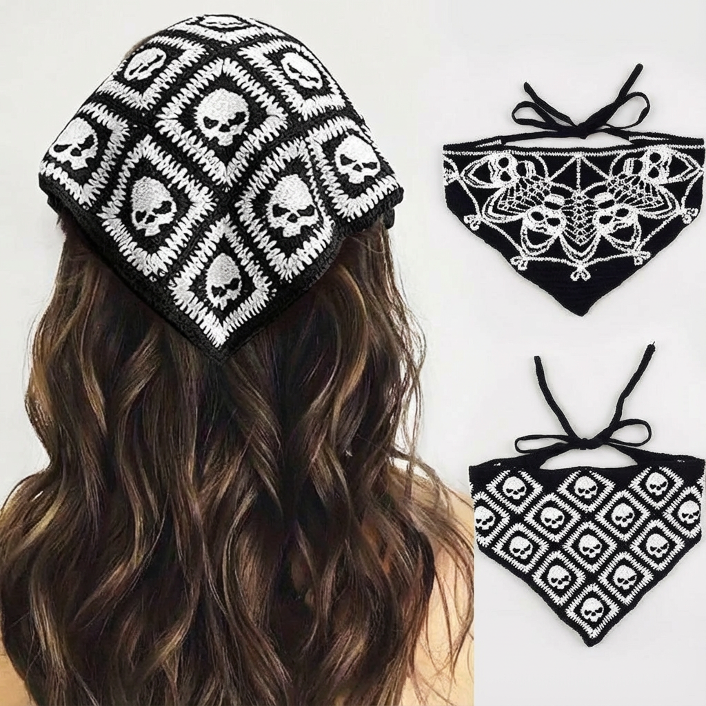 2pcs Gothic Black Skull & Spider Web Crochet Hair Accessories - Black Lace Headbands with Ribbon Bow, Perfect for Halloween & Gothic Fashion, Halloween Hair Decor | Skull Design | Texture