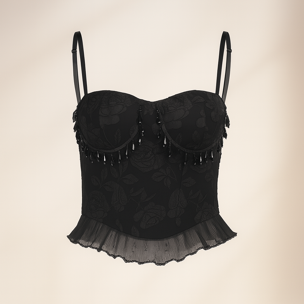 Gothic Lace Crop Top with Floral Jacquard and Adjustable Straps