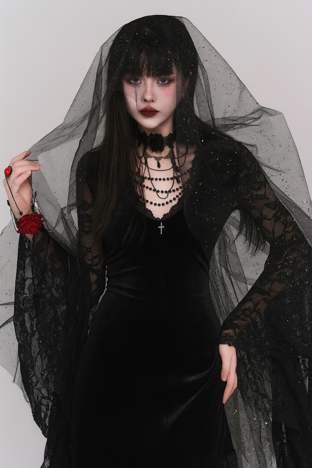 Vampiric Velvet Lace Batwing Dress