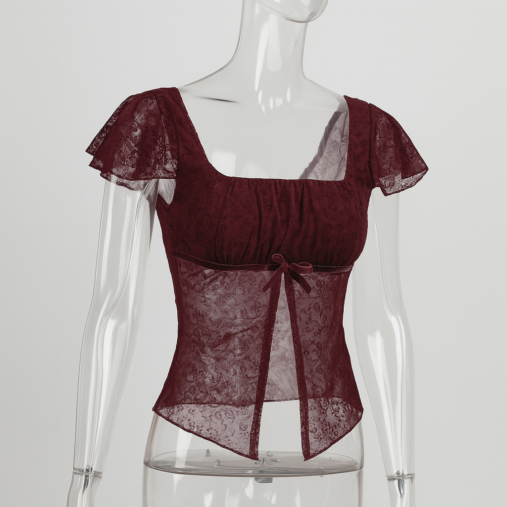 Gothic Red Crop Top with Square Neck and Side Slit