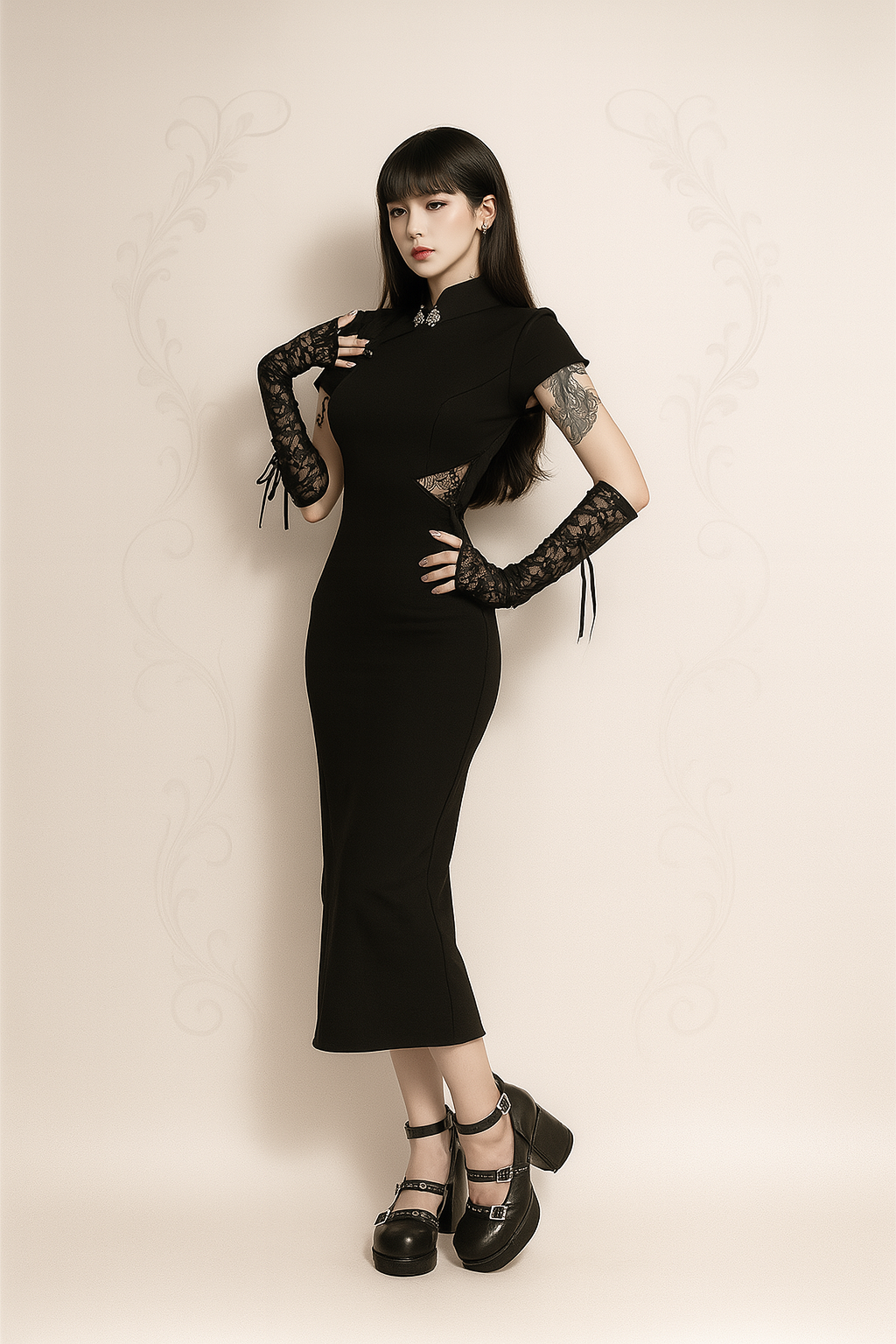 Summer Gothic Spiderweb Slit Dress with Lace Accents