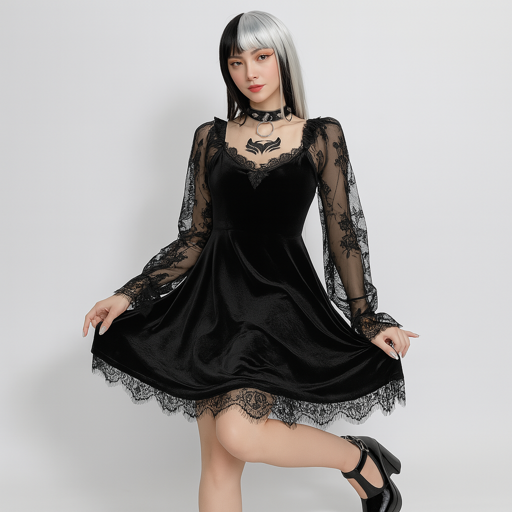 Gothic Ruffled Lace Mini Dress in Black Red and Burgundy