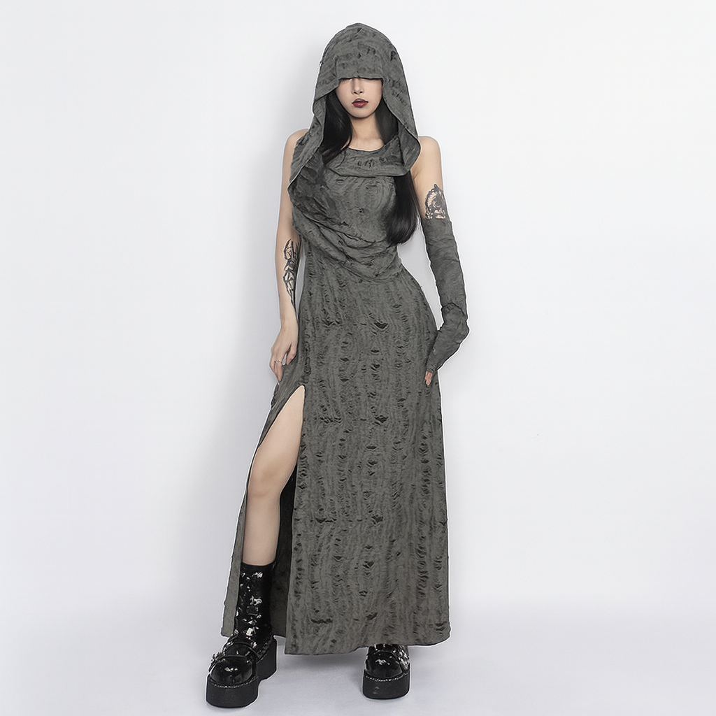 Gothic Streetwear Hooded Long Dress with Side Slit