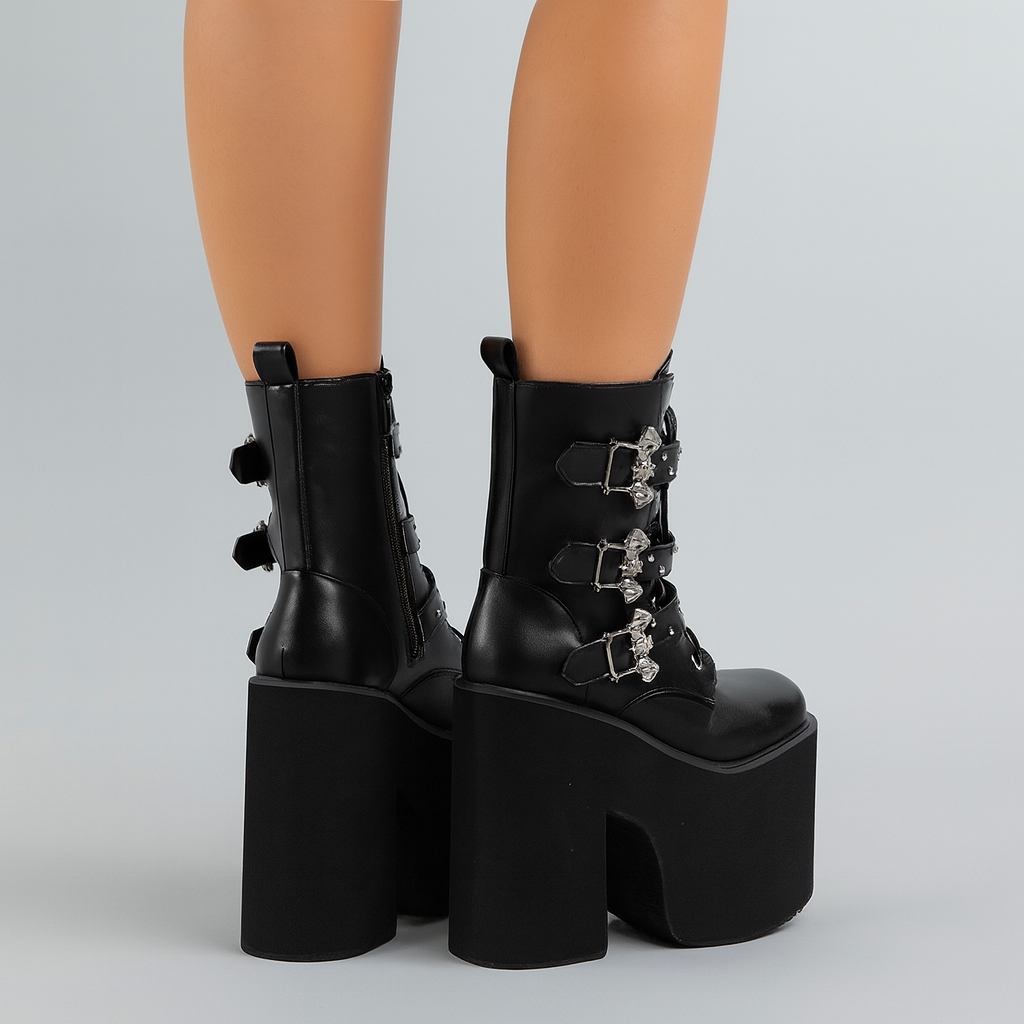 Women'S Mid-Calf Platform Boots, Punk Style Solid Color, with Buckle Detail, Side Zipper, and Lace-Up Front, Flannel Lined, Rubber Sole, Hand Washable, for Dress Occasions, All-Season Comfort, North America & European Special Edition