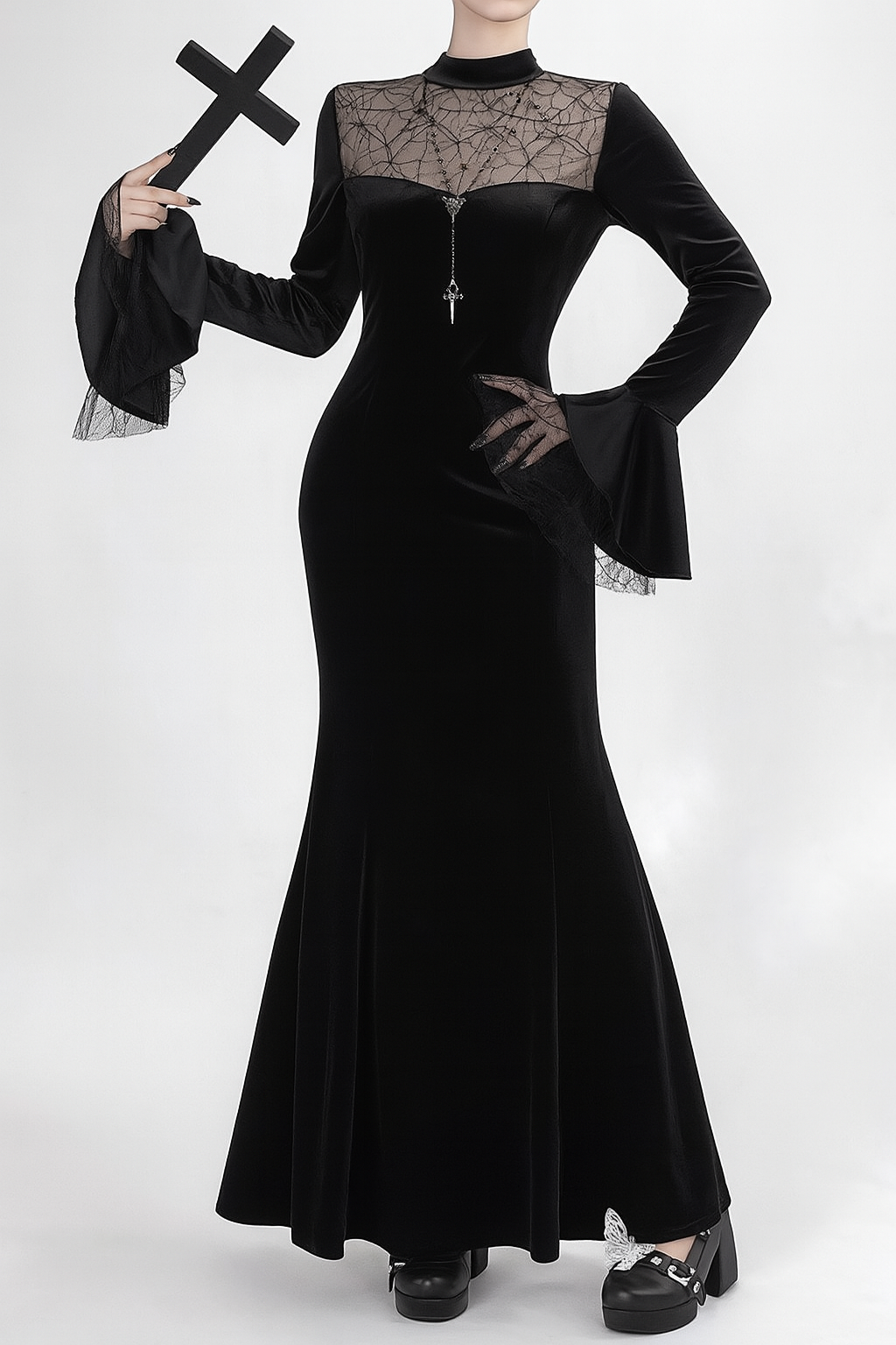 Spiderweb Lace Gothic Dress with Flared Sleeves