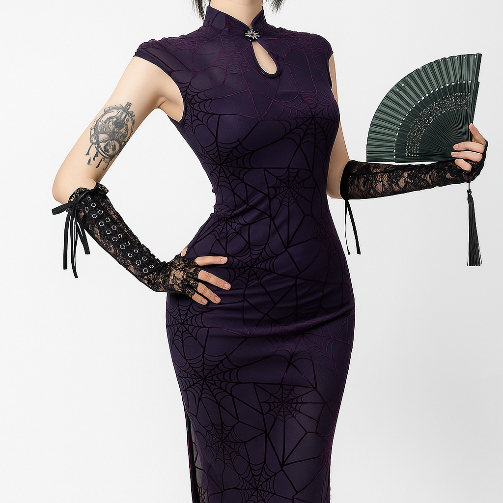 Spider Web Gothic Cheongsam Dress Set