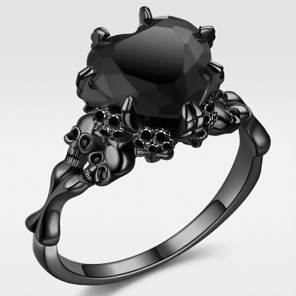Gothic Black Double Skull Ring with Red Heart-Shaped Crystal – Vintage Women’s Jewelry for Parties, Weddings, and Casual Attire, Skull Jewelry