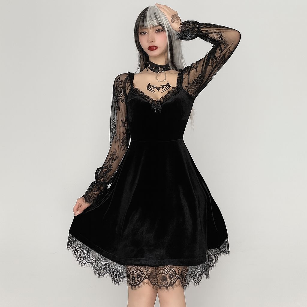 Gothic Ruffled Lace Mini Dress in Black Red and Burgundy