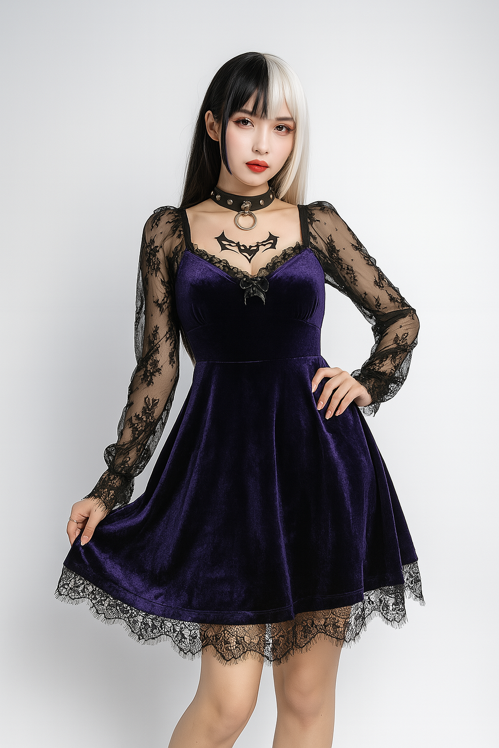 Sensual Lace Gothic A-Line Dress with Ruffled Hem