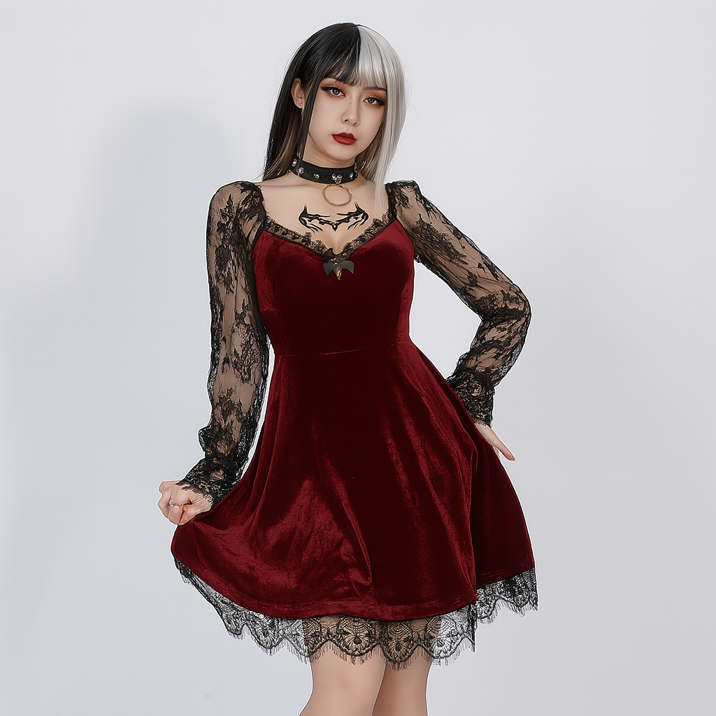 Gothic Ruffled Lace Mini Dress in Black Red and Burgundy