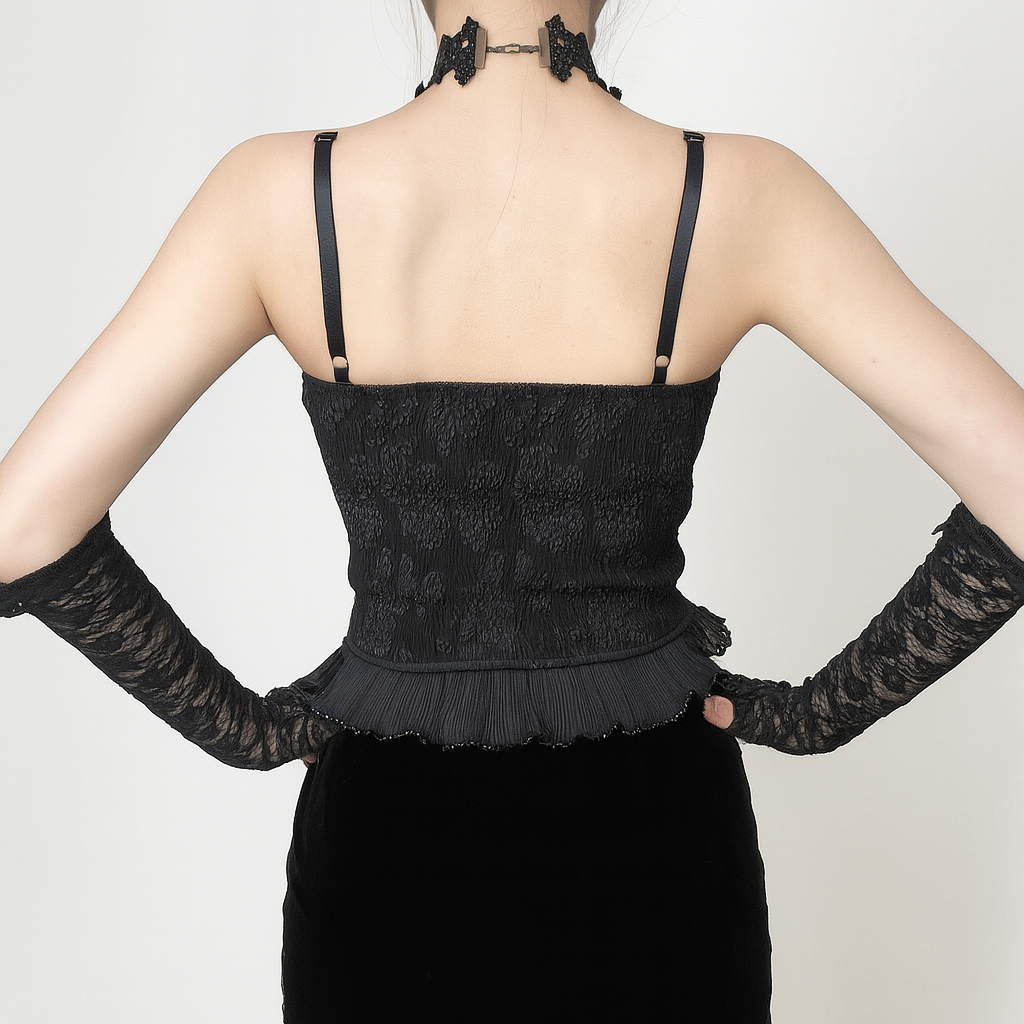 Gothic Lace Crop Top with Floral Jacquard and Adjustable Straps
