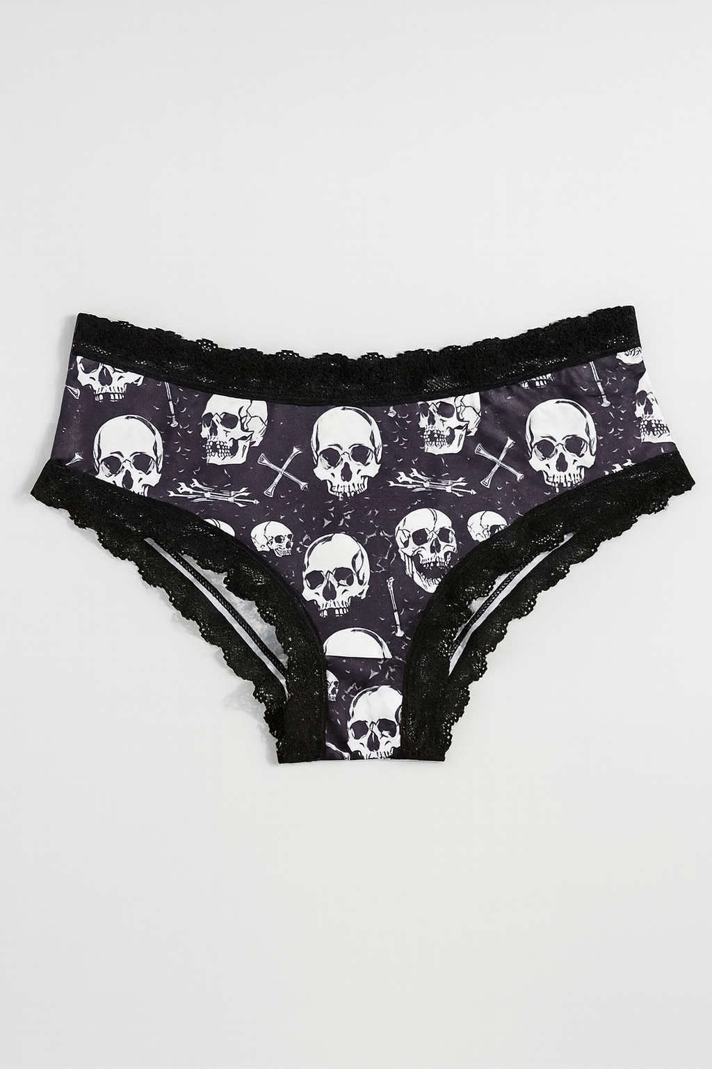 4pcs Gothic Women’s Lace Hipsters - Halloween Skull, Eyeballs, Stars & Mushrooms Allover Print Low-Rise Panties with Contrast Lace Trim, Comfy Stretch Intimates for Women