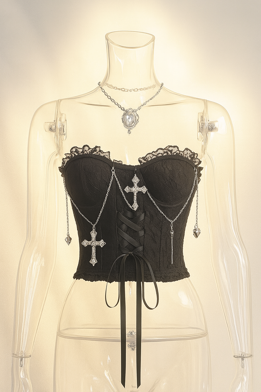 Sensual Gothic Crop Top with Chain Cross Charms