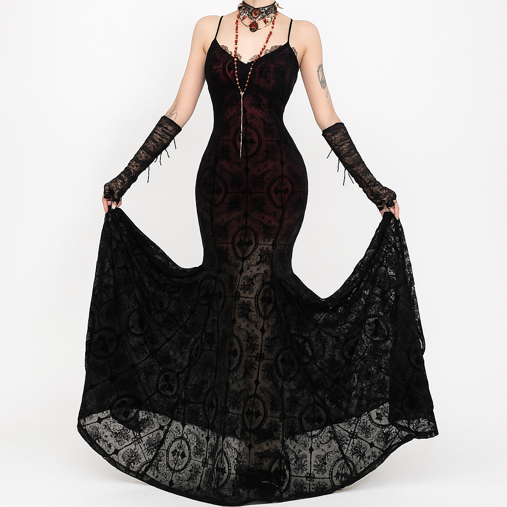 Vesper Cross Velvet Maxi Dress with Lace Trim