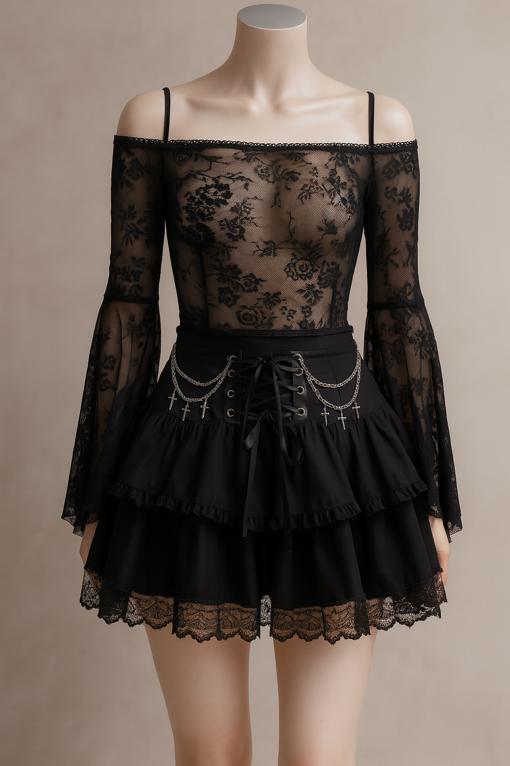 Layered Crosschain Gothic Skirt with Lace and Chains