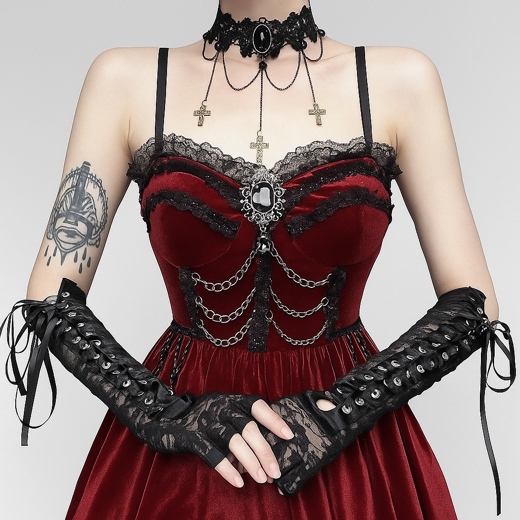 Crimson Chains Gothic Dress with Chain Detail
