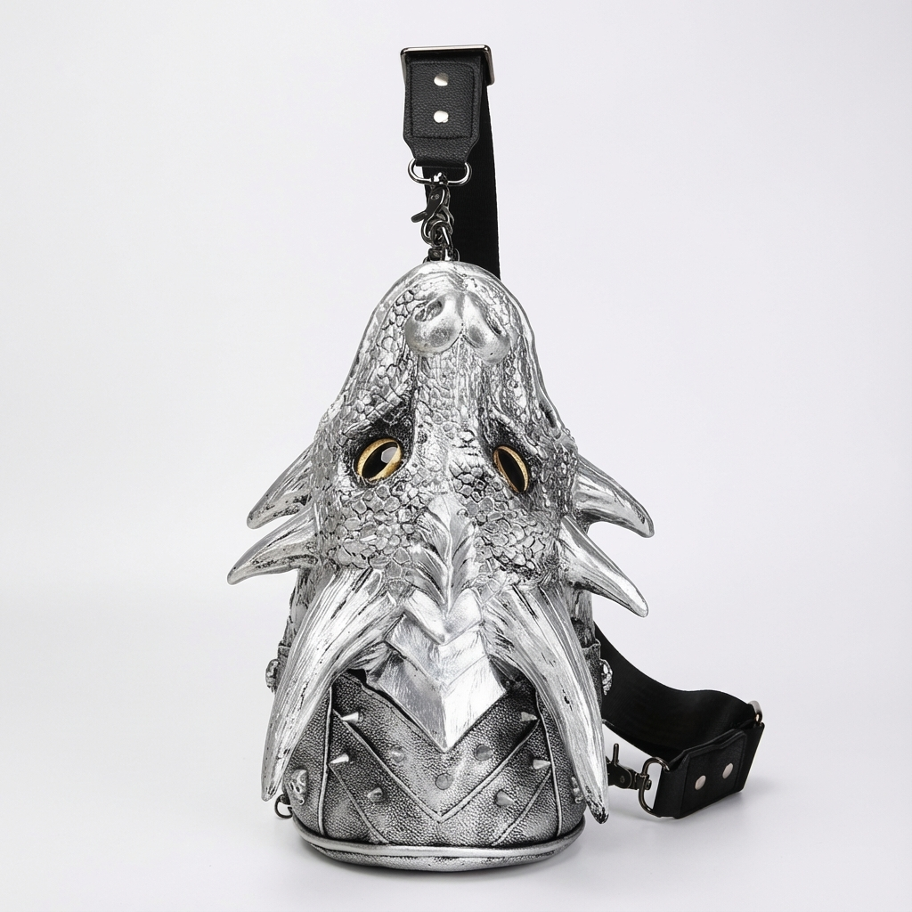 Unisex Gothic Dragon Head Crossbody Bag - Adjustable Strap, Black Silicone Shoulder Bag with Metallic Dragon Design, Perfect for Halloween & Christmas Parties, Street Style Fashion Accessory, Halloween Accessories