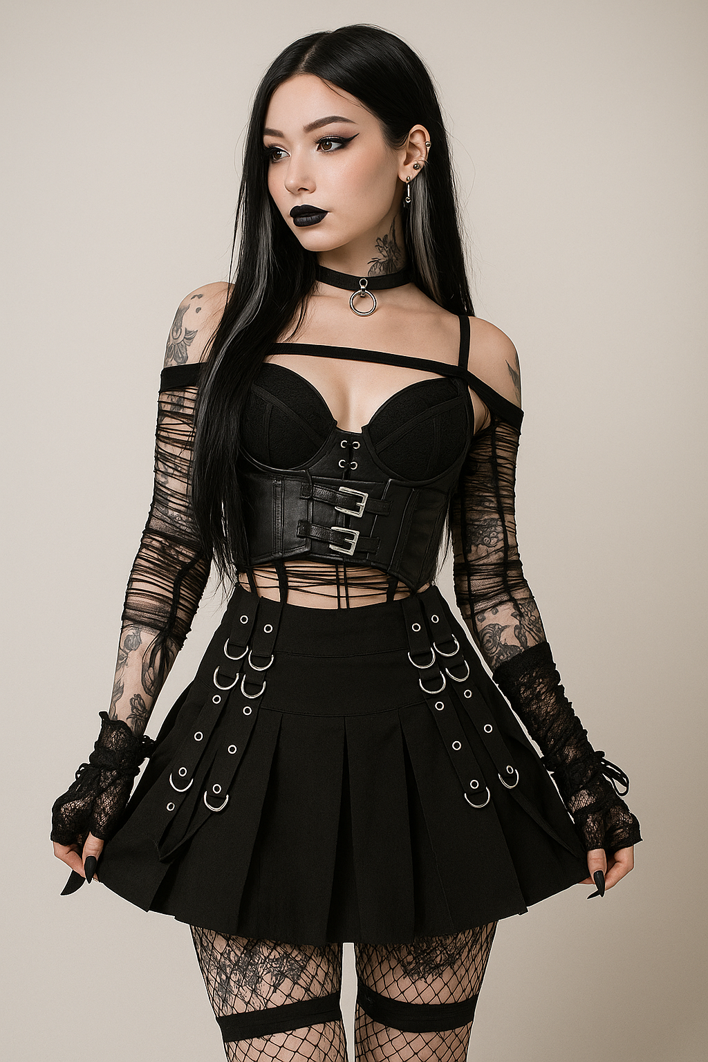 Gothic Black Pleated Mini Skirt with Irregular Strap Design