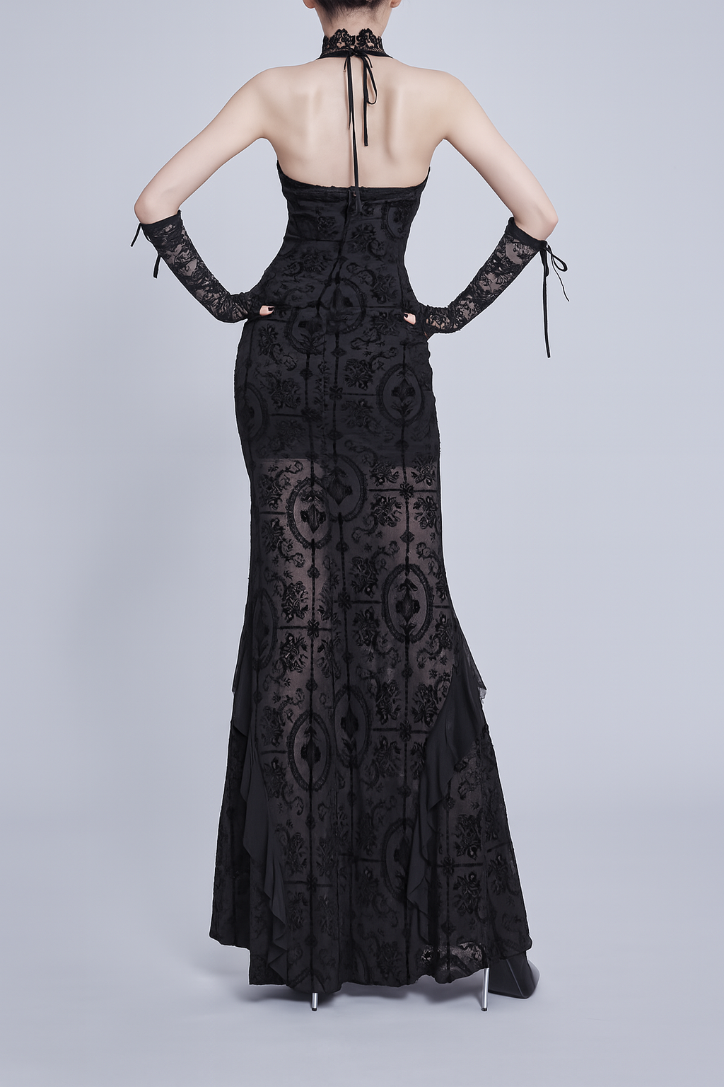 Plush Velvet Halter Long Dress With Fish Tail Silhouette