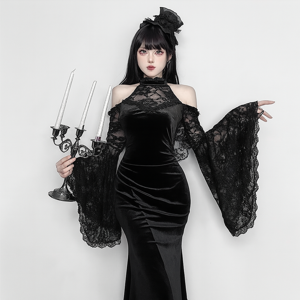 Witchy Off-Shoulder Gothic Dress with Flared Lace Sleeves