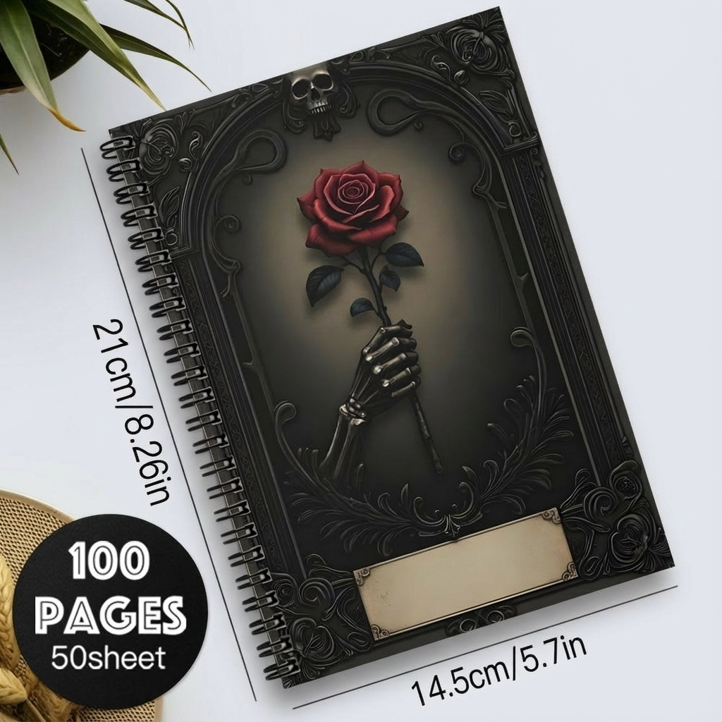 1pc Gothic Spiral Notebook Journal - Mystical Rose & Skull Design, Black with Golden Accents, 100 Pages, Perfect for Daily Writing, Travel, Office, or Gift for Teen Girls, Gothic Journaling | Skull Rose Design | Durable Spiral Binding