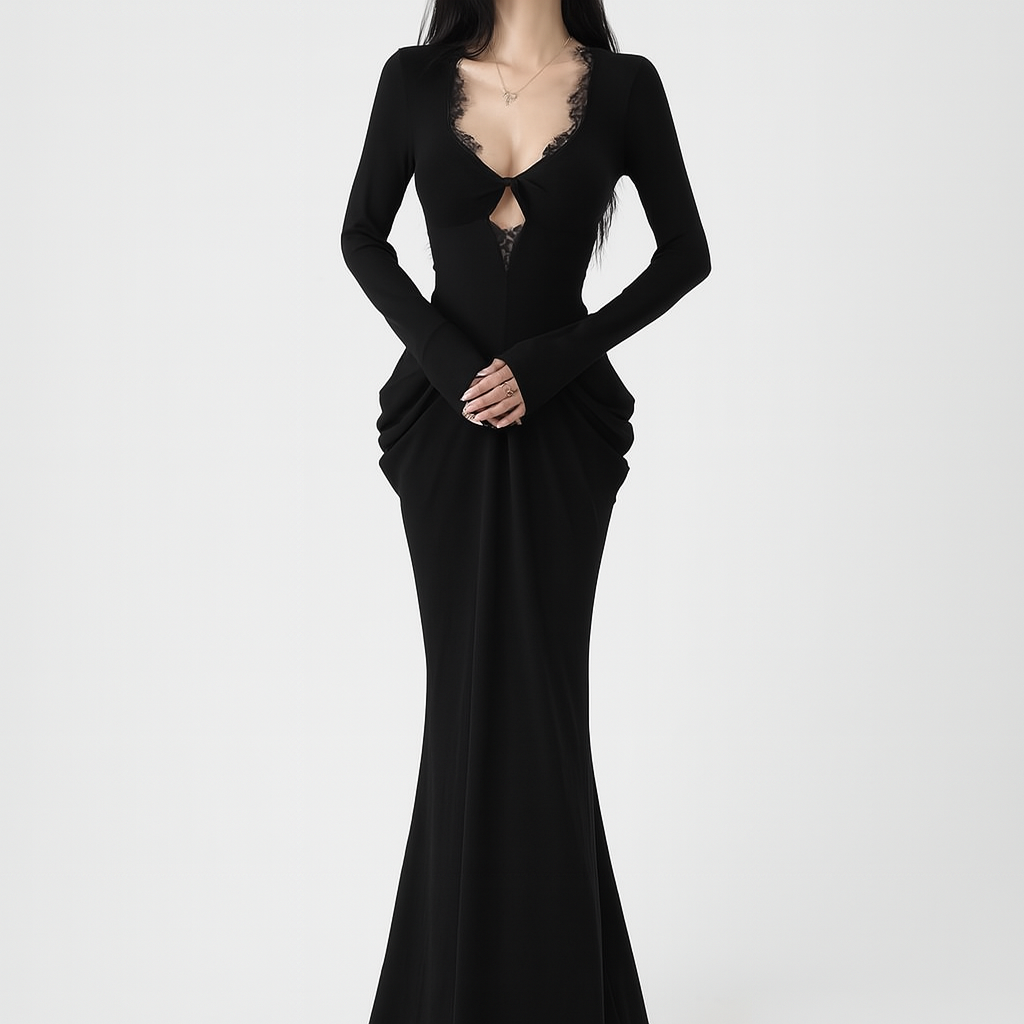 Gothic Elegant V Neck Bodycon Dress with Lace Detailing