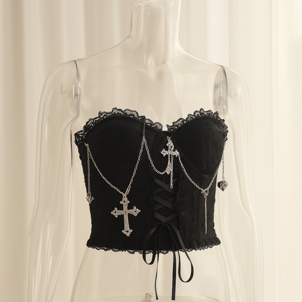 Sensual Gothic Crop Top with Chain Cross Charms