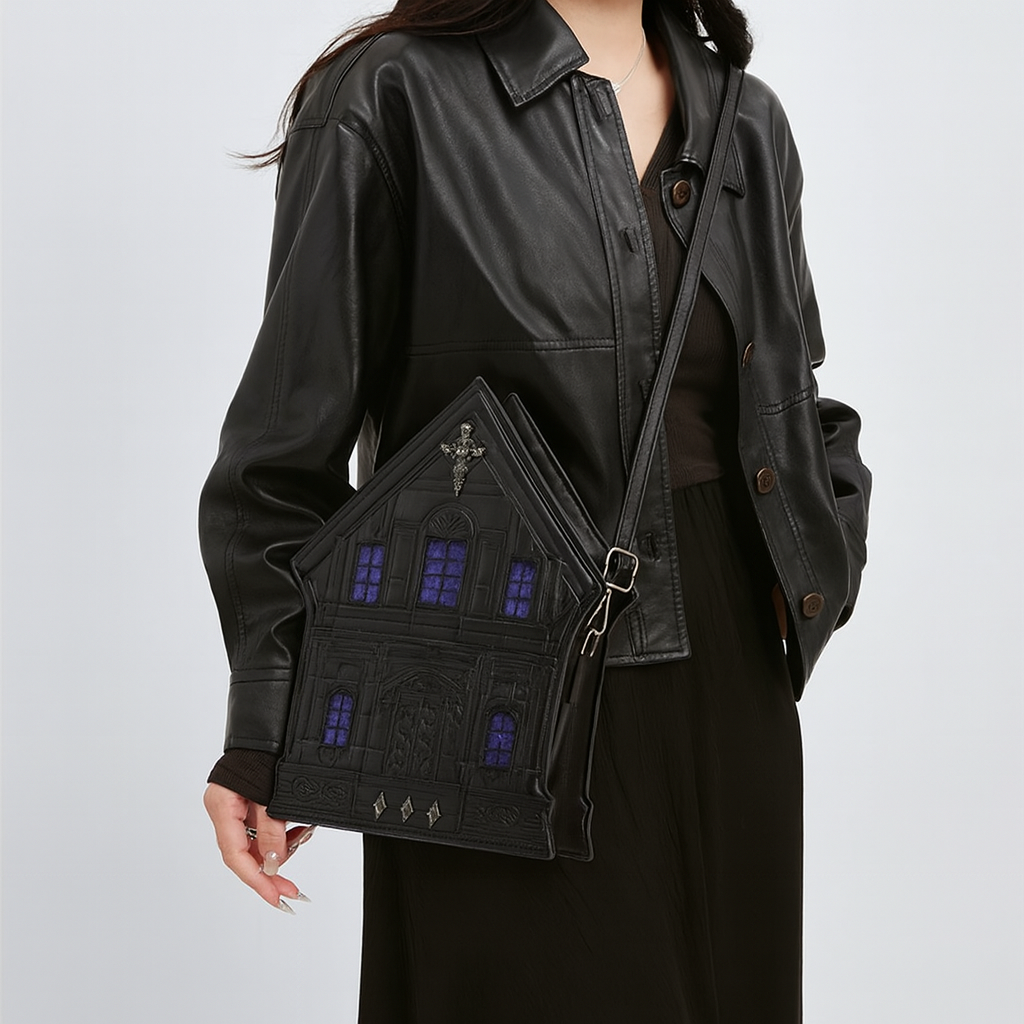 Gothic Style Crossbody Bag for Women - Black with Zipper Closure, Polyester Lining & Metal Hardware Accents, Durable Stitched Edges, Ideal for Casual and Formal Wear, Fantasy-Themed Design, Gothic Crossbody Ba