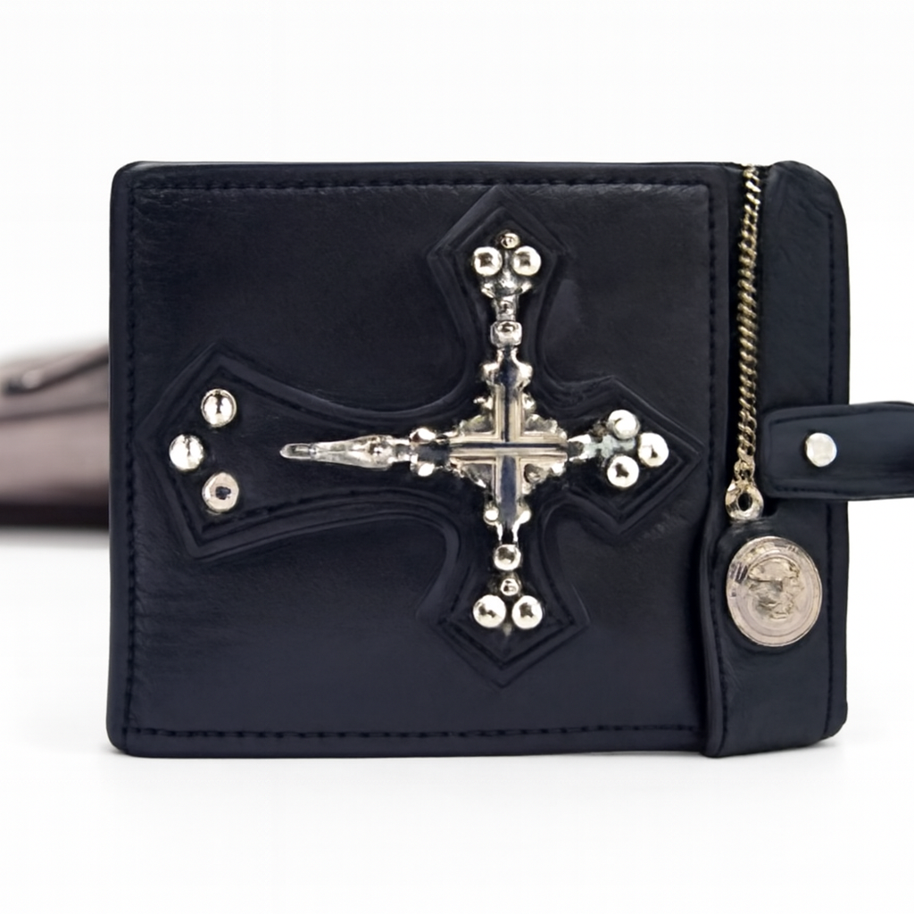 1pc Men's Gothic Retro Short Wallet, Punk Style Skull Portable Faux Leather Wallet, Biker Purse With Chain