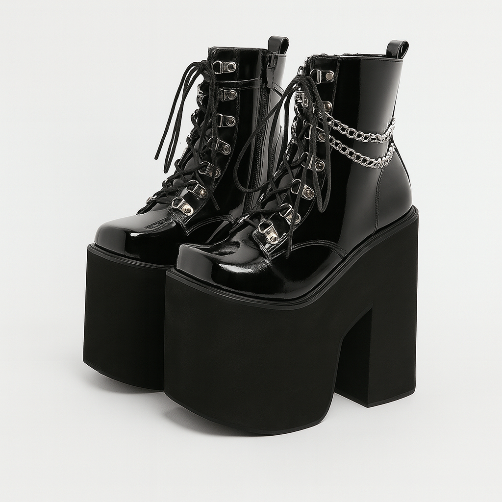 1pr GDGYDH Women's Punk Style Ankle Booties - Solid Color Square Toe Zipper Closure Platform Heel Motorcycle Boots with Chain Detail, Cover Upper, Polyurethane Inner & Insole, Rubber Sole for Dress Occasions