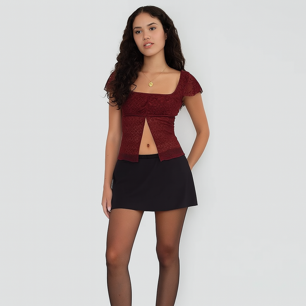 Gothic Red Crop Top with Square Neck and Side Slit