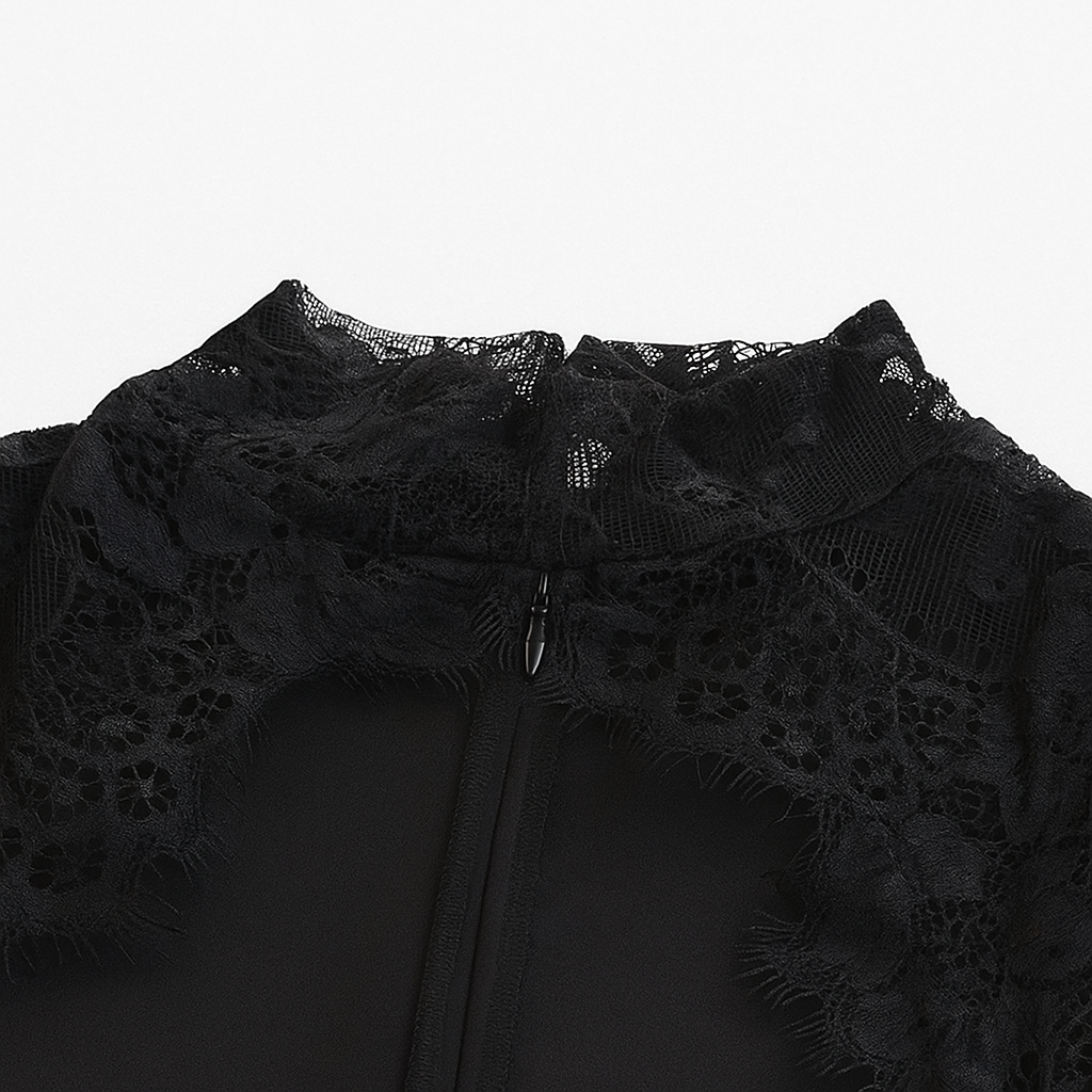 Midnight Widow Lace Dress - Gothic V Neck Bodycon Gown with Lace Sleeves