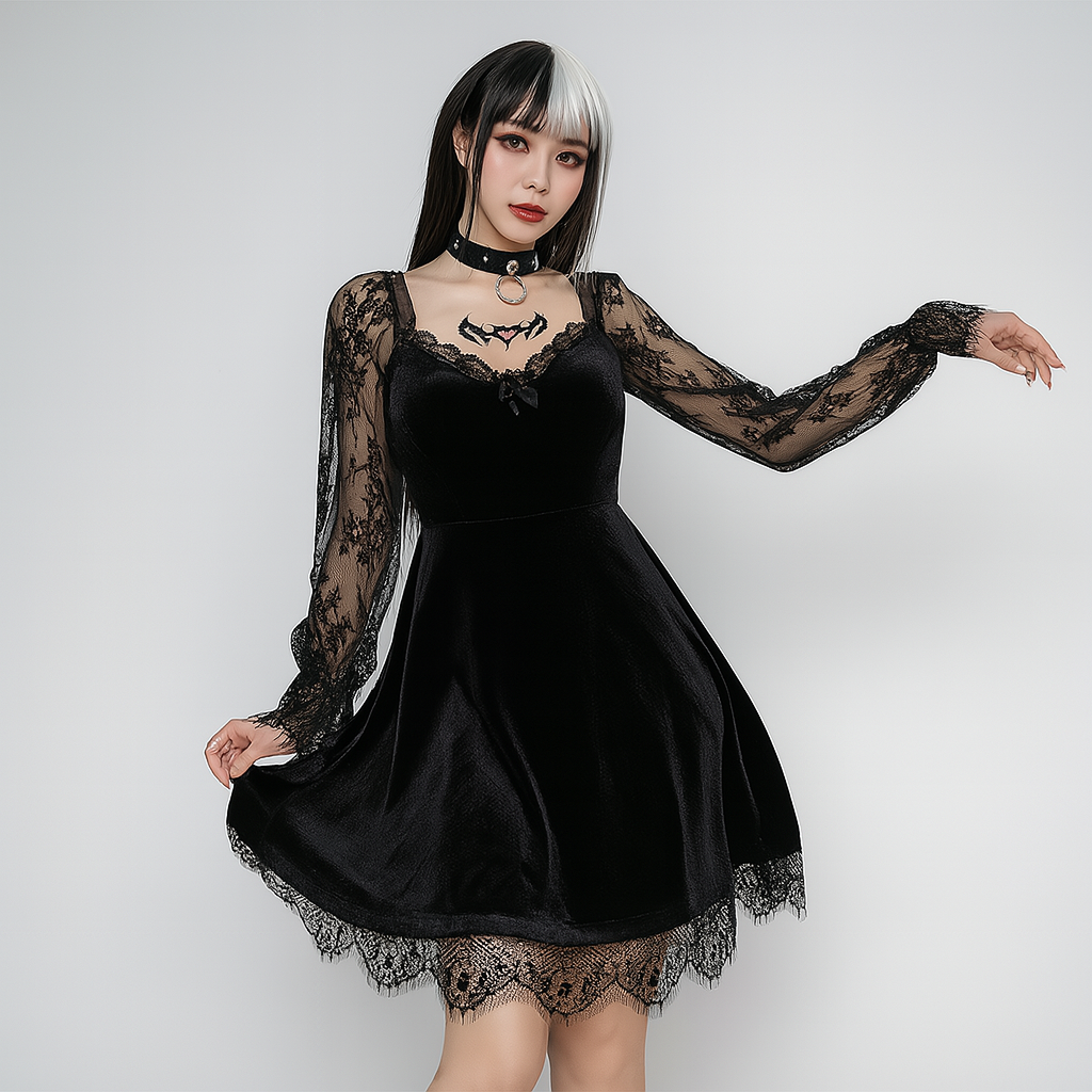 Sensual Lace Gothic A-Line Dress with Ruffled Hem