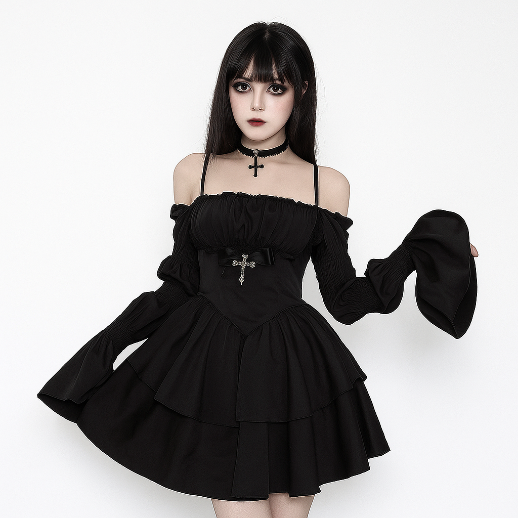 Gothic Bubble Sleeve Off-Shoulder Lolita Dress with Cross Detail