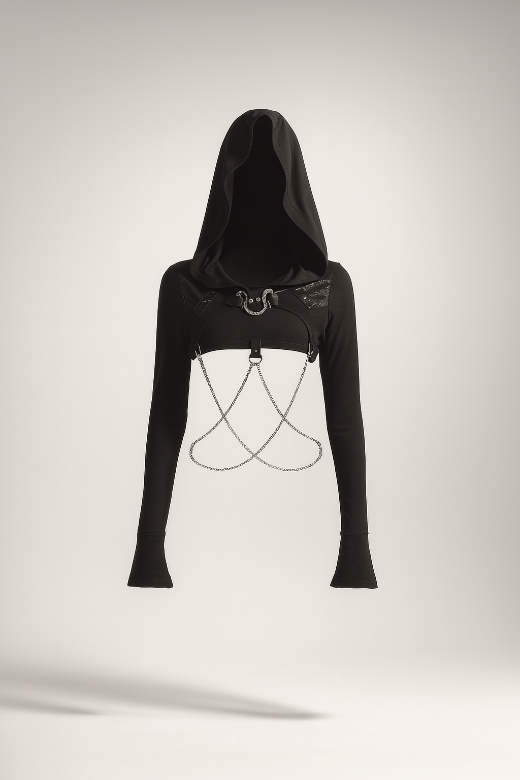 Hooded Cropped Gothic Jacket with Chain Detail for Alternative Fashion