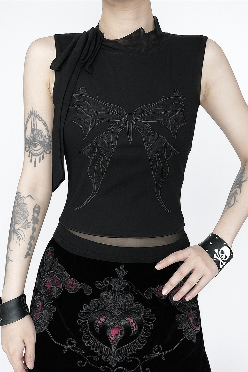 Gothic Black Butterfly Strappy Tank Top with Embroidery