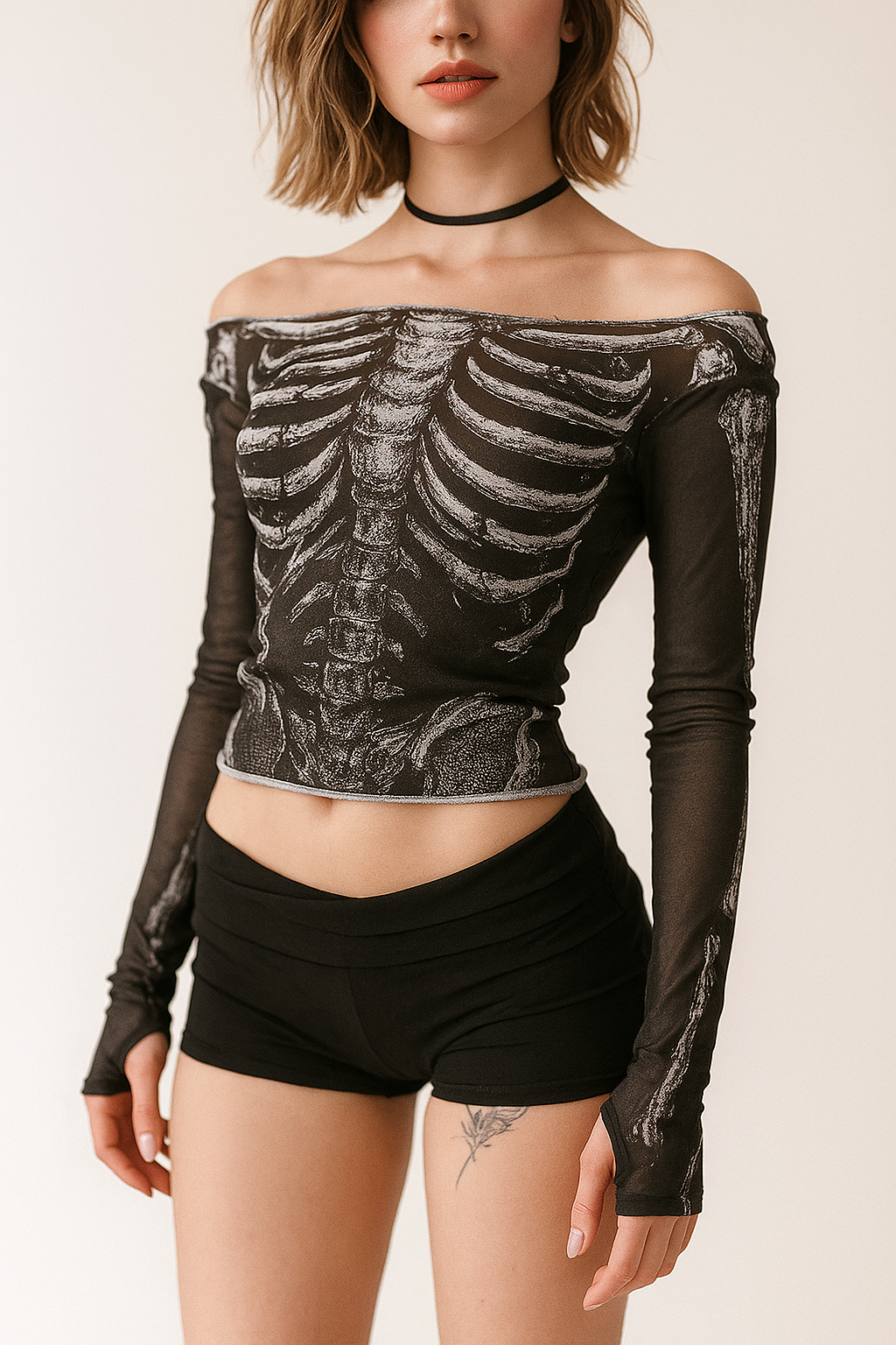 Gothic Skeleton Mesh Long Sleeve Top for Dark Fashion