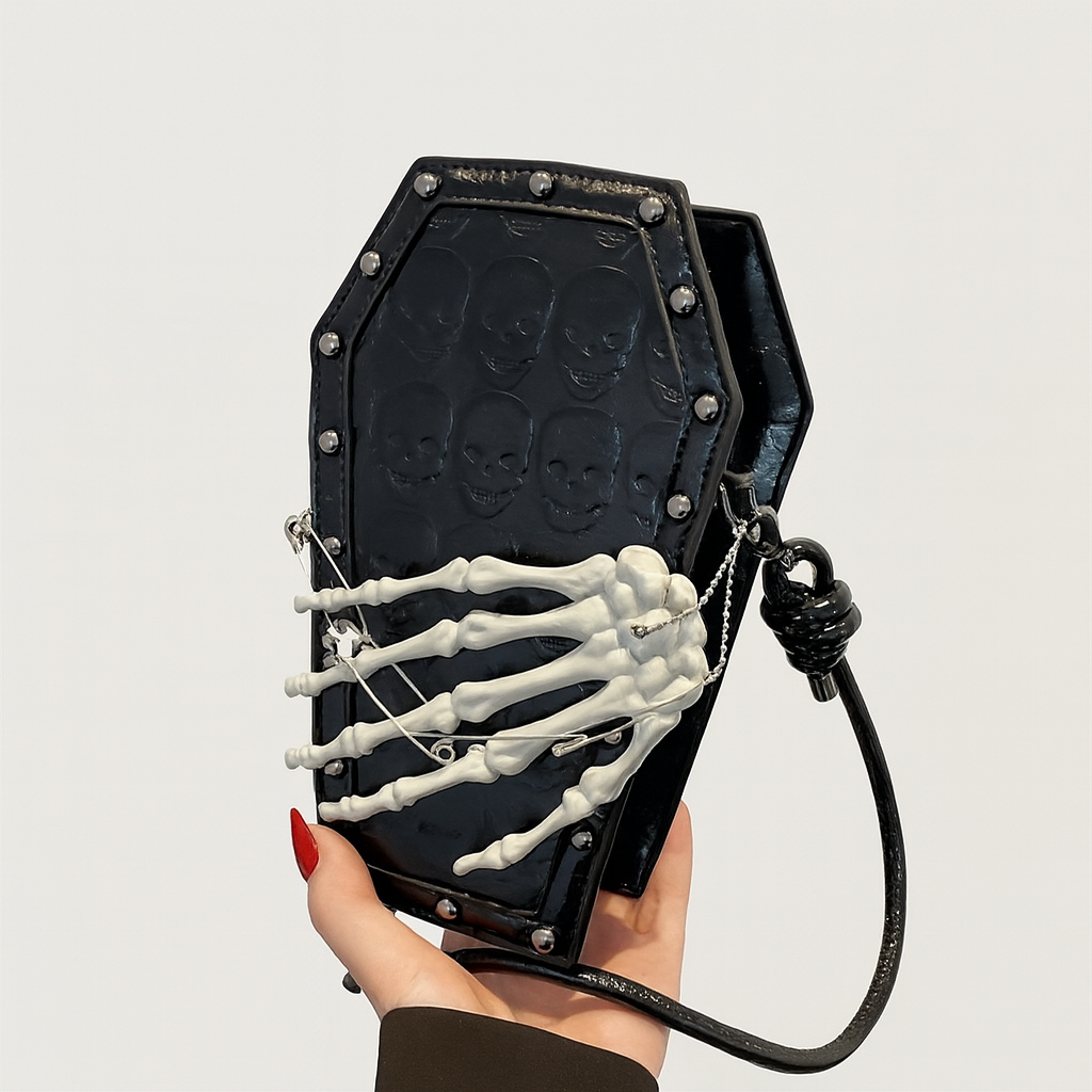 Gothic Skeleton Crossbody Bag, Shoulder Messenger with Zipper Closure, Polyester Lined, Edge Paint Detail, Solid Color, Fashionable for Halloween Horror Theme Events