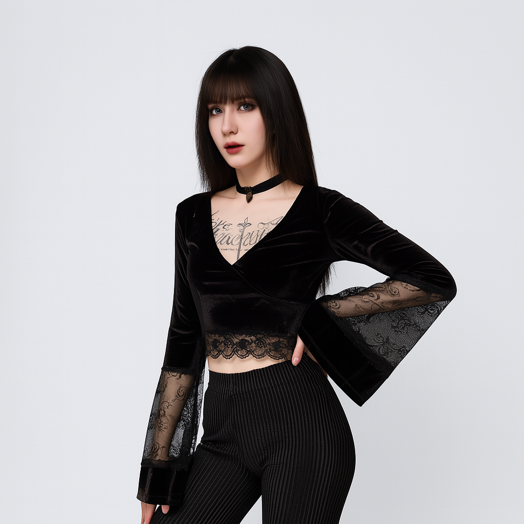 Sheer Lace Flared Sleeve Crop Top