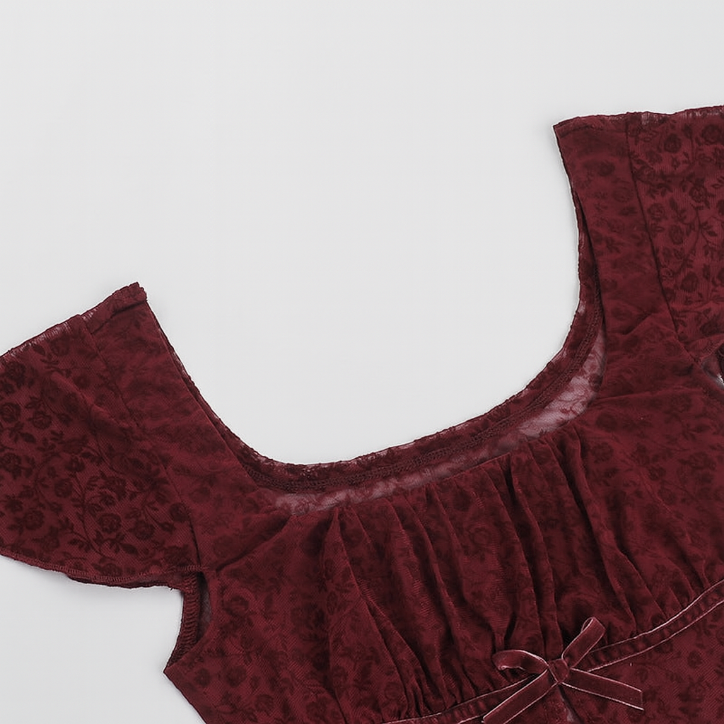 Gothic Red Crop Top with Square Neck and Side Slit