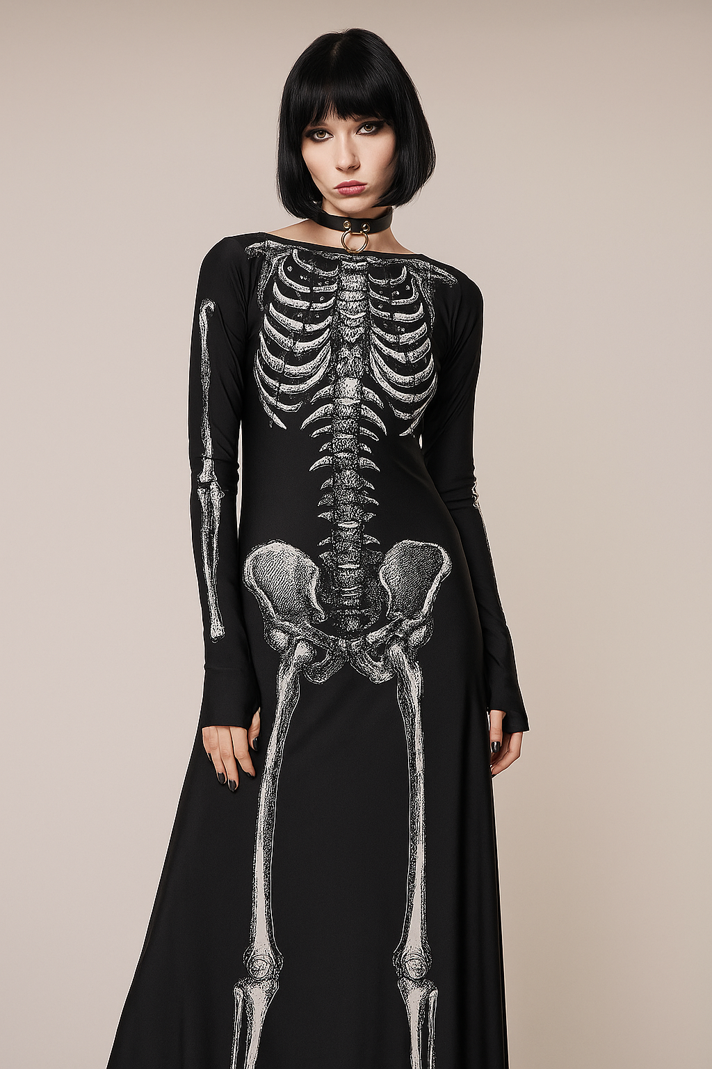 Skeleton Print Gothic Long Dress for Halloween and Alternative Fashion