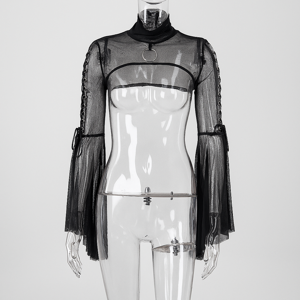 Sheer Gothic Mesh Top with Flared Sleeves