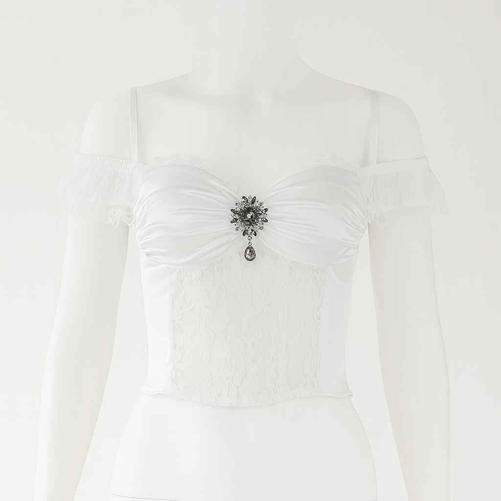 Ghost Bride Off Shoulder Gothic Top with Lace Accents