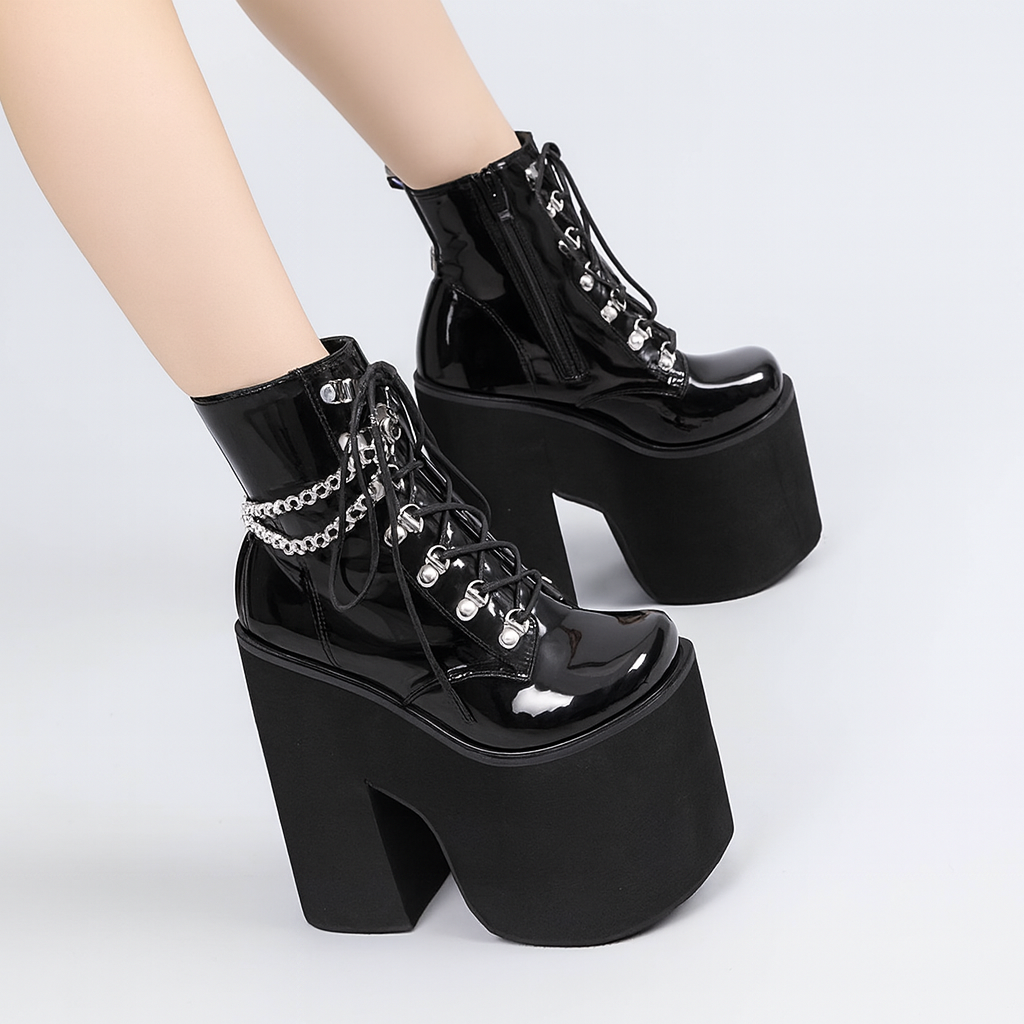 1pr GDGYDH Women's Punk Style Ankle Booties - Solid Color Square Toe Zipper Closure Platform Heel Motorcycle Boots with Chain Detail, Cover Upper, Polyurethane Inner & Insole, Rubber Sole for Dress Occasions