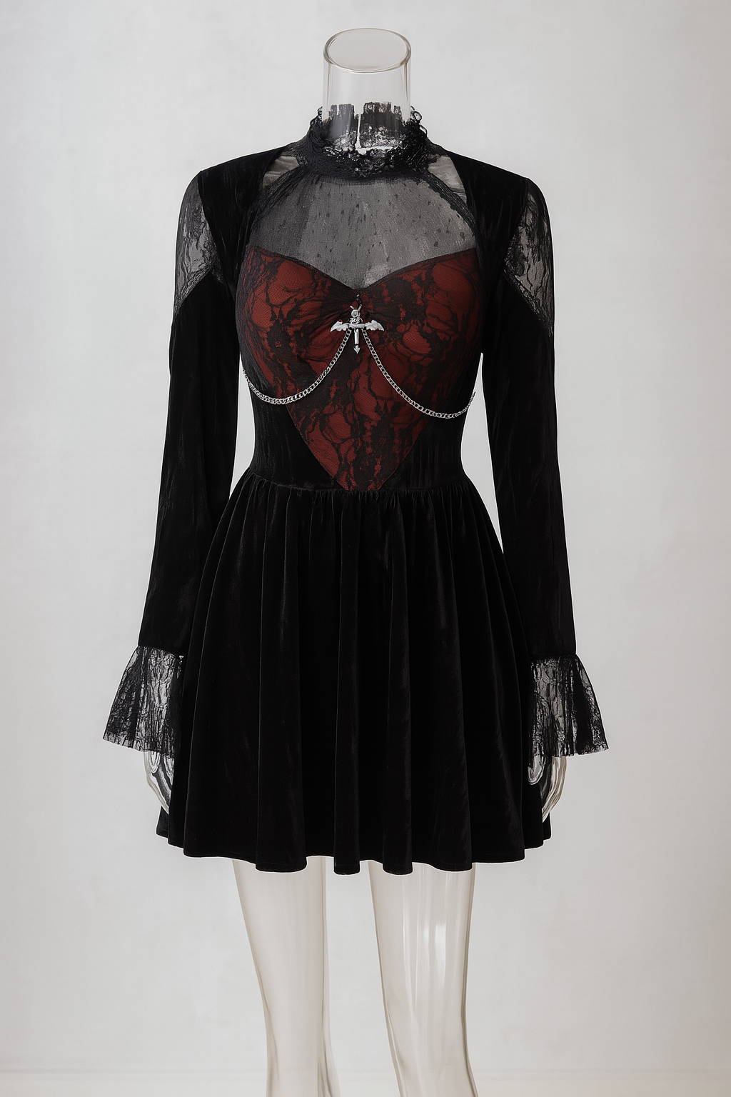 Sexy Lace Trim Velvet Skater Dress in Red Floral Gothic Style