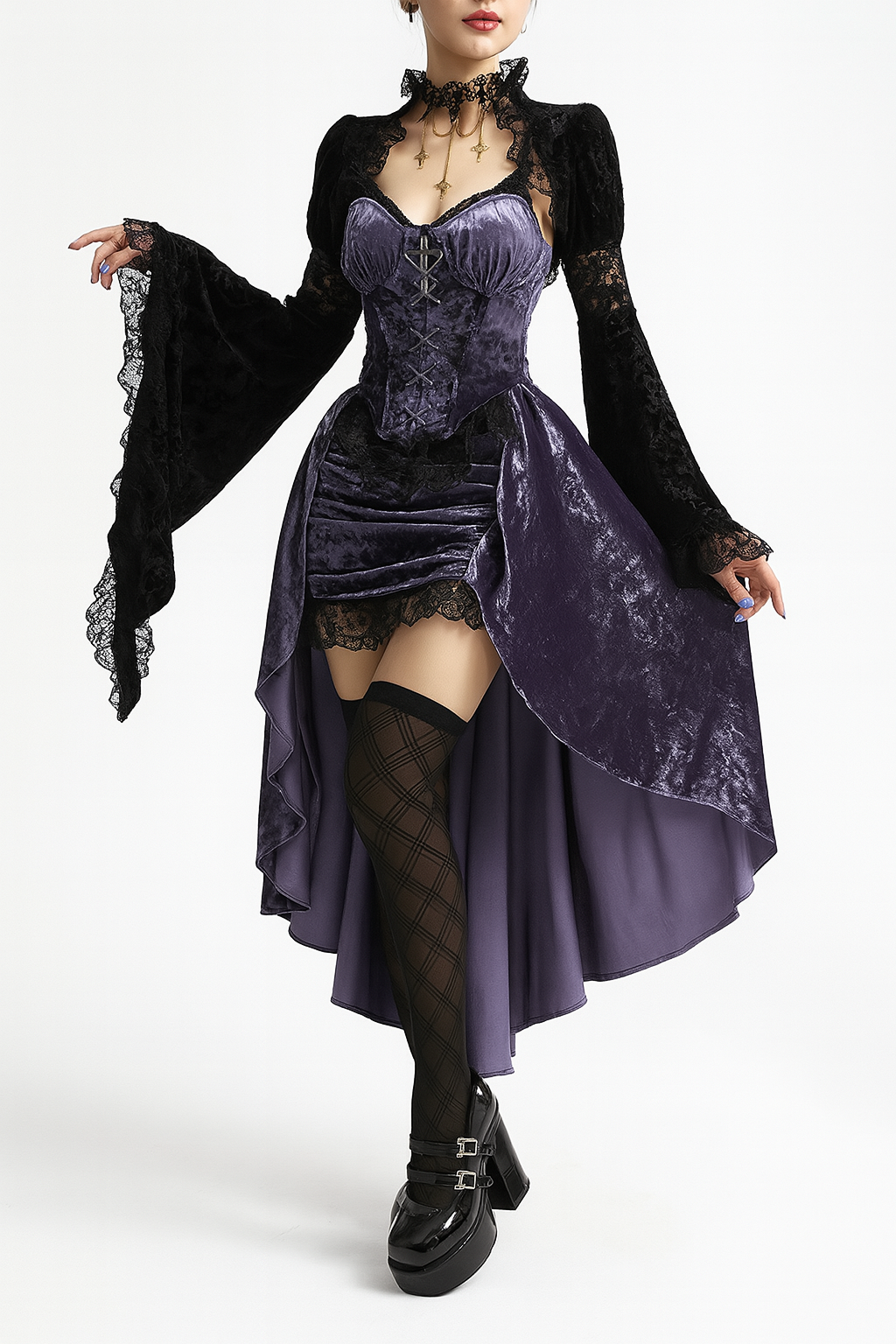 Gothic Purple High-Low Dress with Lace Accents - Purple / XL Gothic Purple High-Low Dress with Lace Accents - Purple / XL