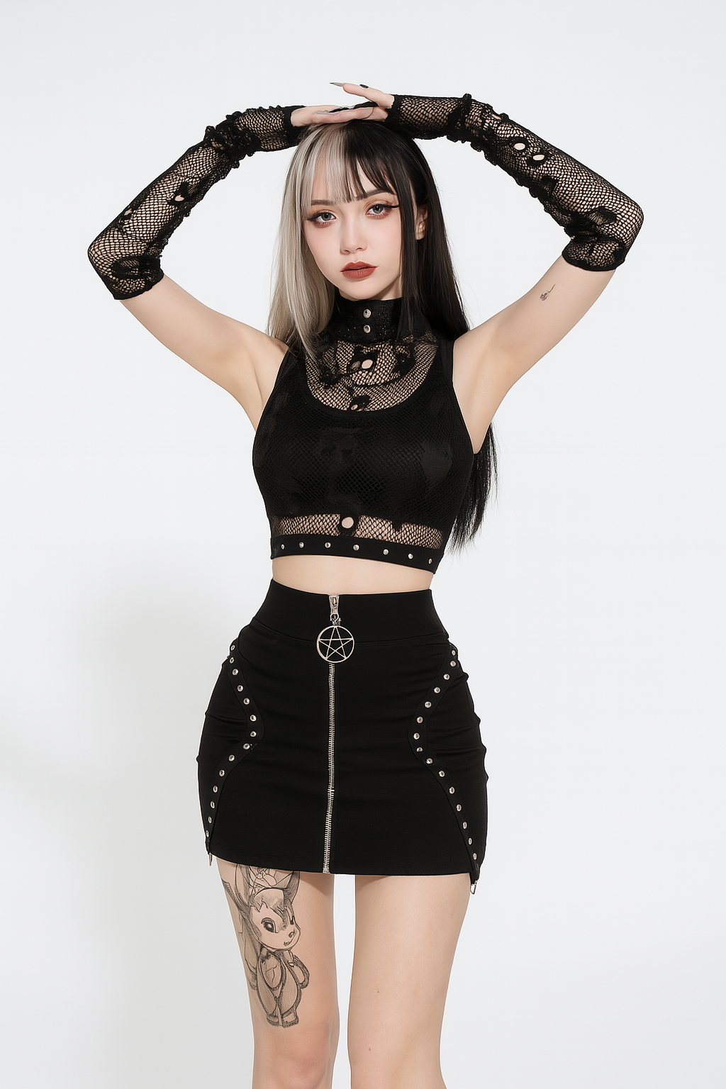 Skull Lace Tank Set with Sheer Mesh Sleeves