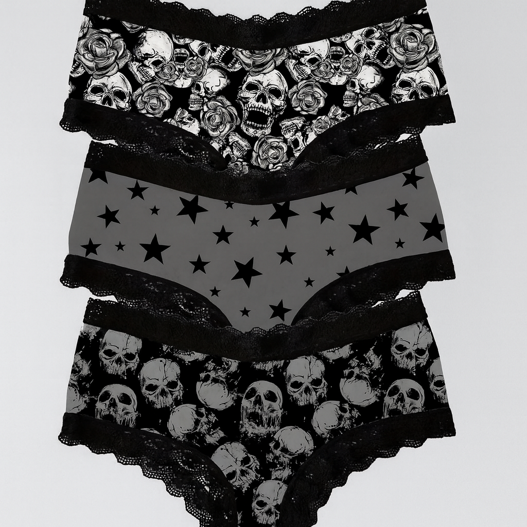 Dark Star Skull 3D Print Milk Stitching Contrast Lace Women's Triangle Panty Set of Three