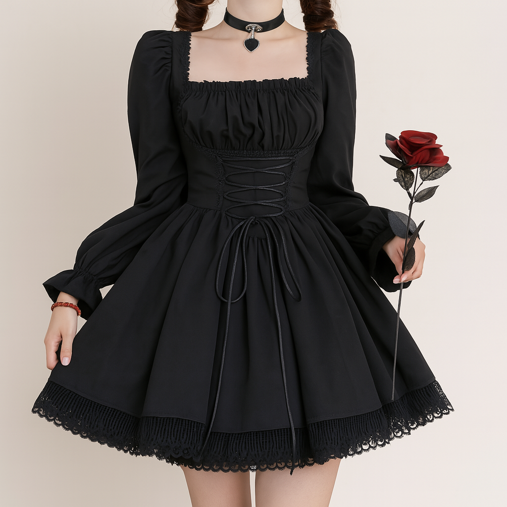 Puff Sleeve Gothic Princess Dress with Lace Trim