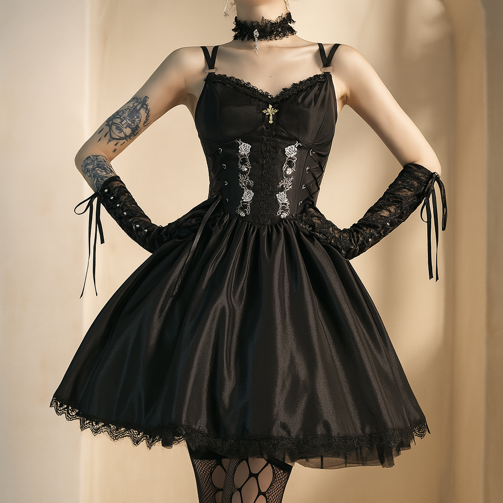 Gothic Elegance A-Line Dress with Lace Detailing
